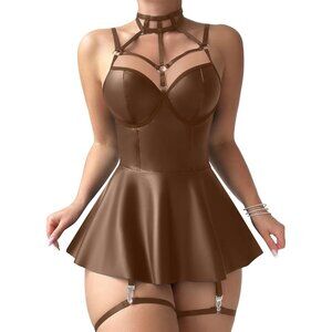 Women Brown Strappy Leather Underwire Choker Garter Belt Lingerie Set Dress